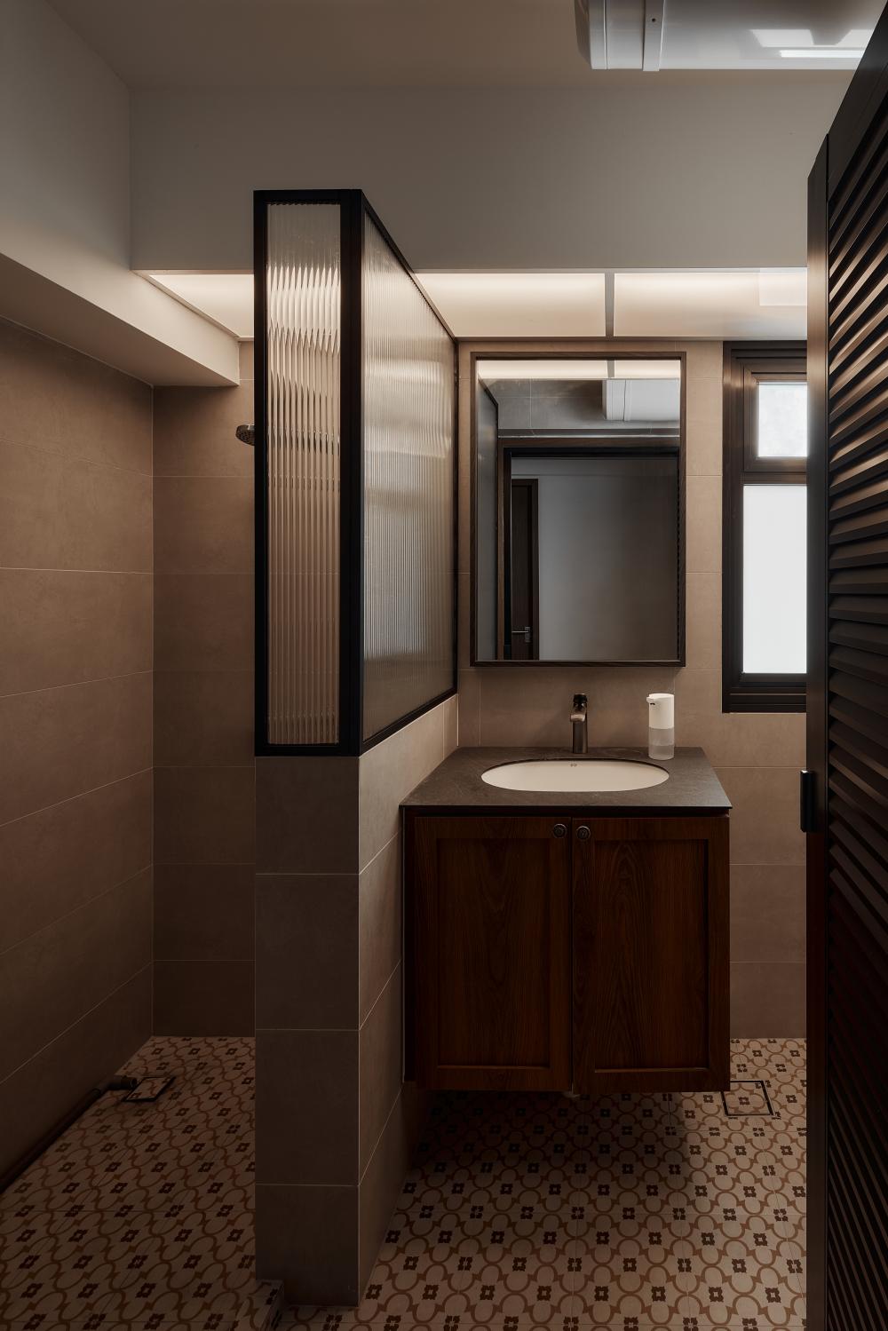 Asian Bathroom with Vinyl Flooring and Bathroom Storage