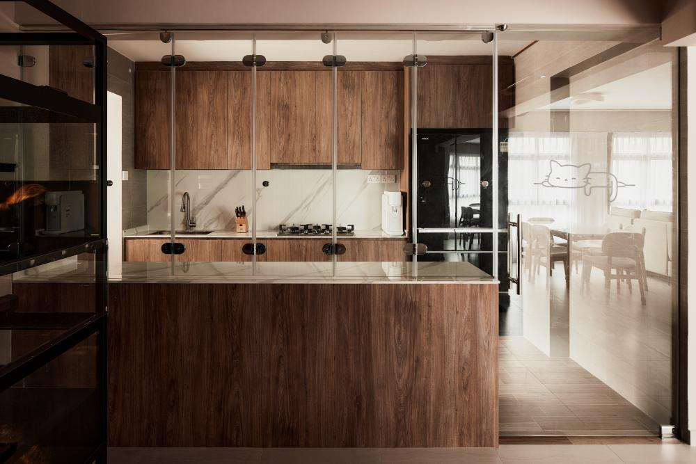 Scandinavian Kitchen with Countertop and Wood Flooring