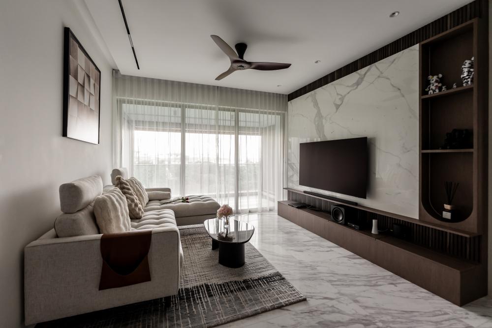 Modern Living Room with Granite Floor and TV Console