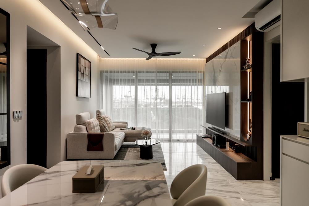 Modern Living Room with Granite Floor and TV Console