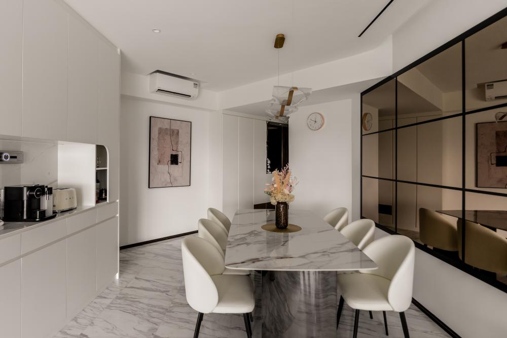 Modern Dining Room with Mirror and Ceiling Light