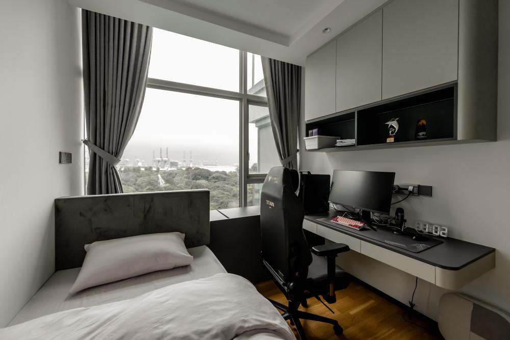 Modern Bedroom with Bookshelf and Desk
