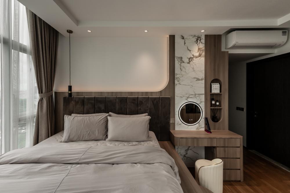 Modern Bedroom with Ceiling Light and Bedside Table