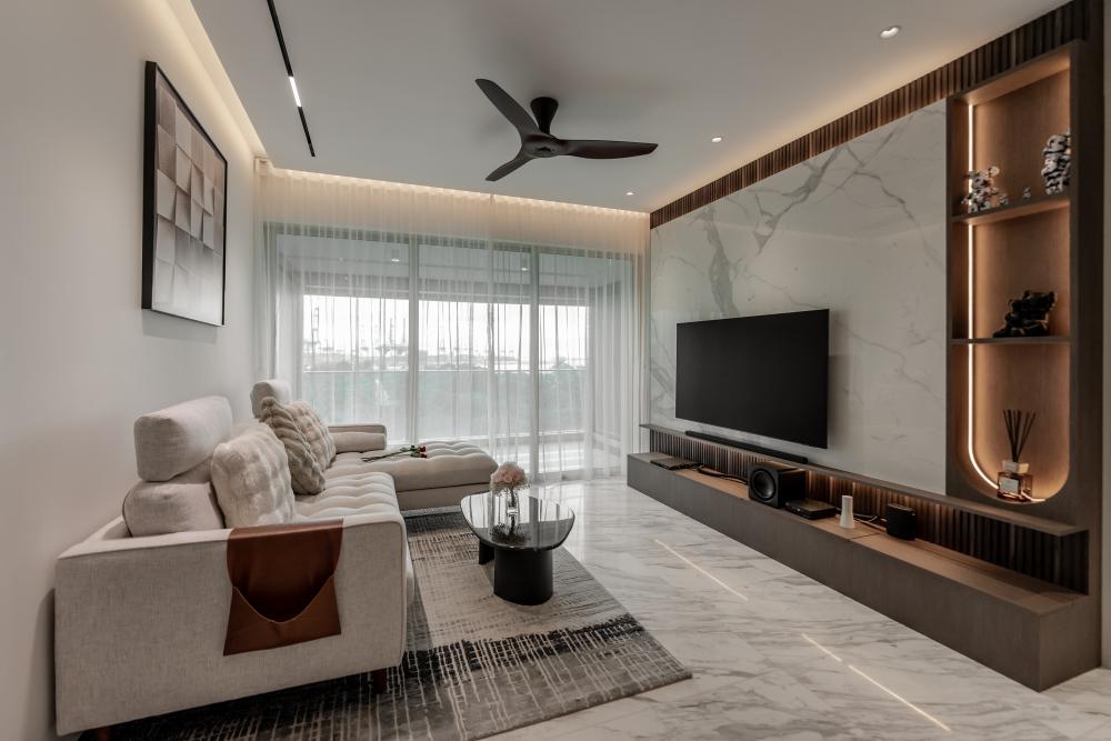 Modern Living Room with Granite Floor and TV Console