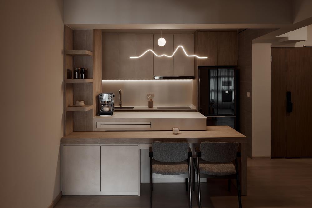 Scandinavian Kitchen with Wood Flooring and Kitchen Island