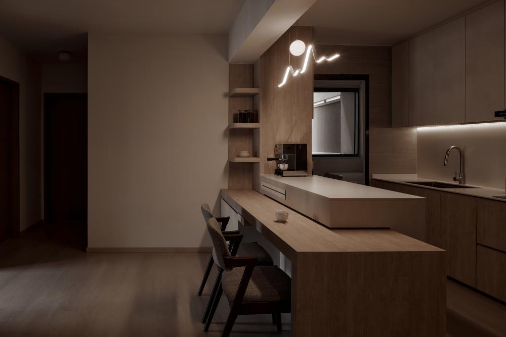 Scandinavian Kitchen with Wood Flooring and Cupboard