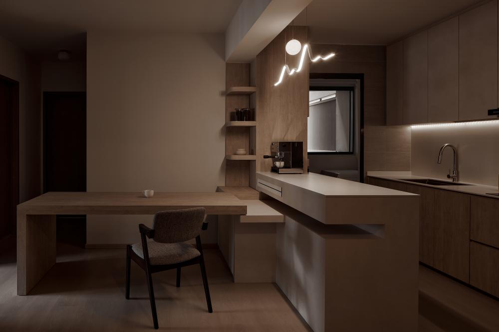 Scandinavian Kitchen with Wood Flooring and Kitchen Island