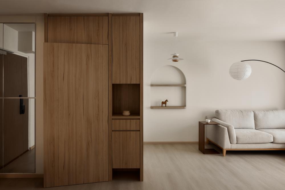 Scandinavian Living Room with Wood Flooring and Shoe Rack