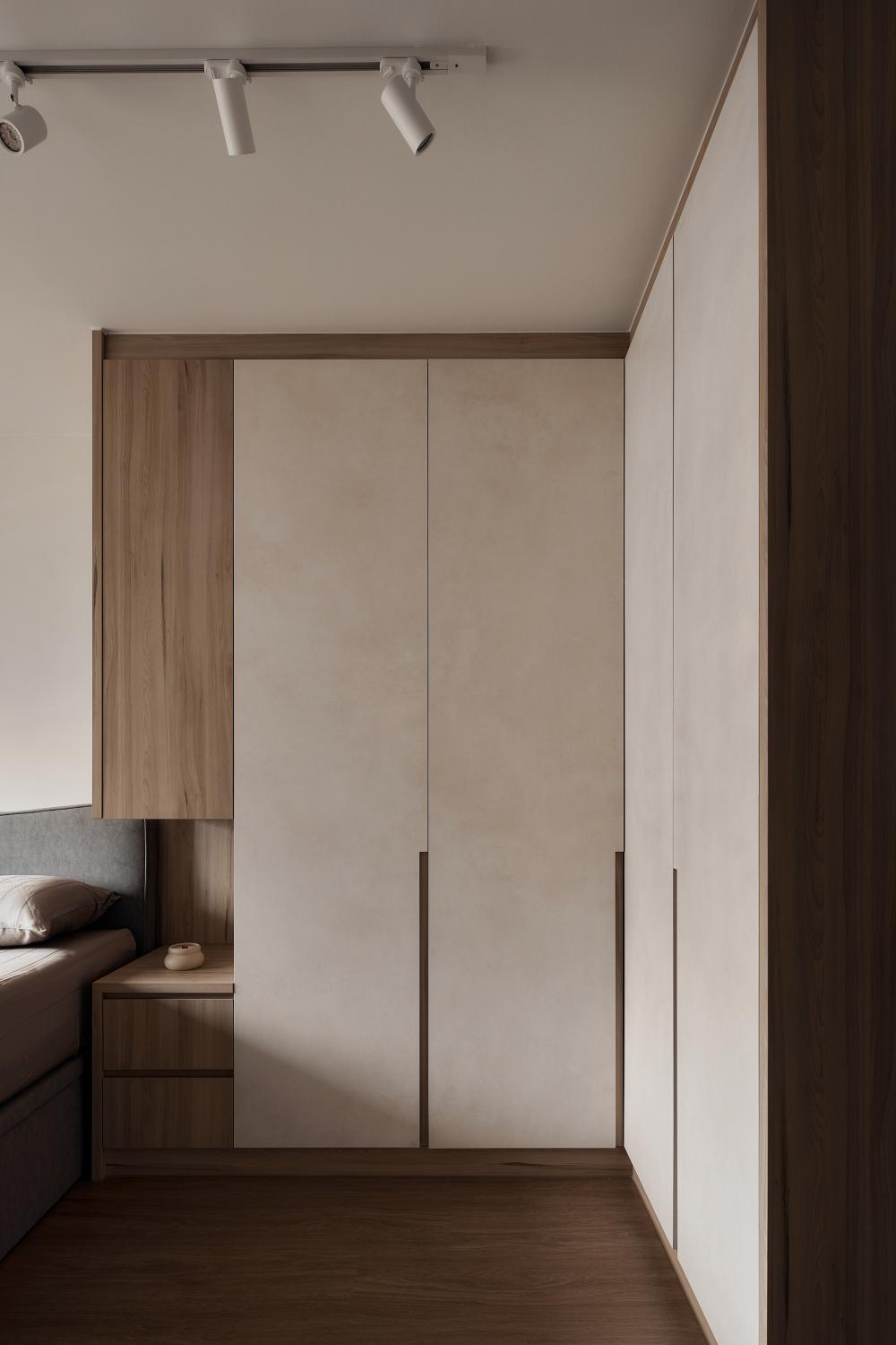 Scandinavian Bedroom with Wood Flooring and Wardrobe