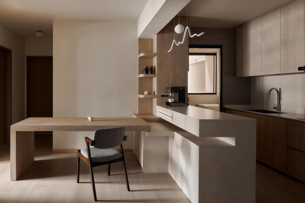Scandinavian Kitchen with Wood Flooring and Kitchen Island