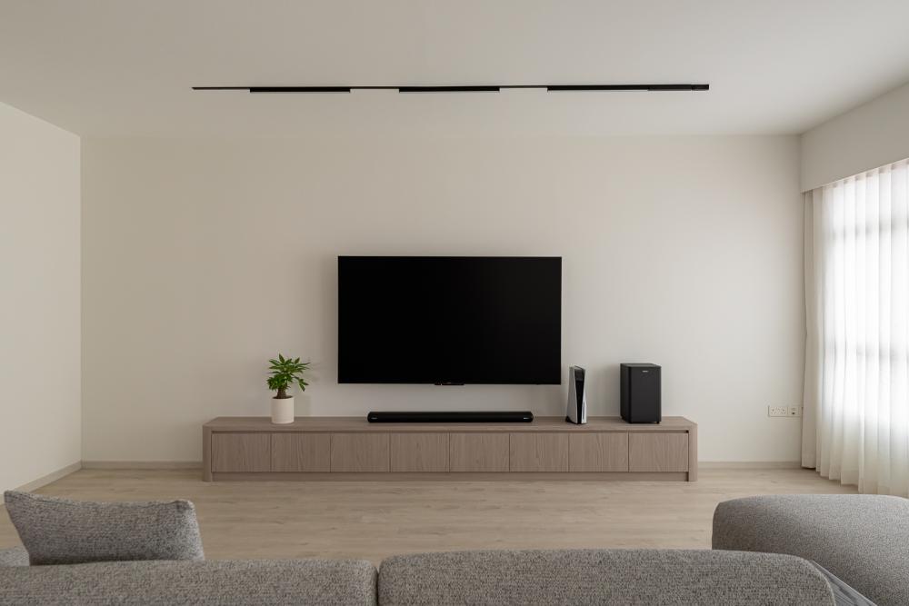Scandinavian Living Room with Vinyl Flooring and TV Console