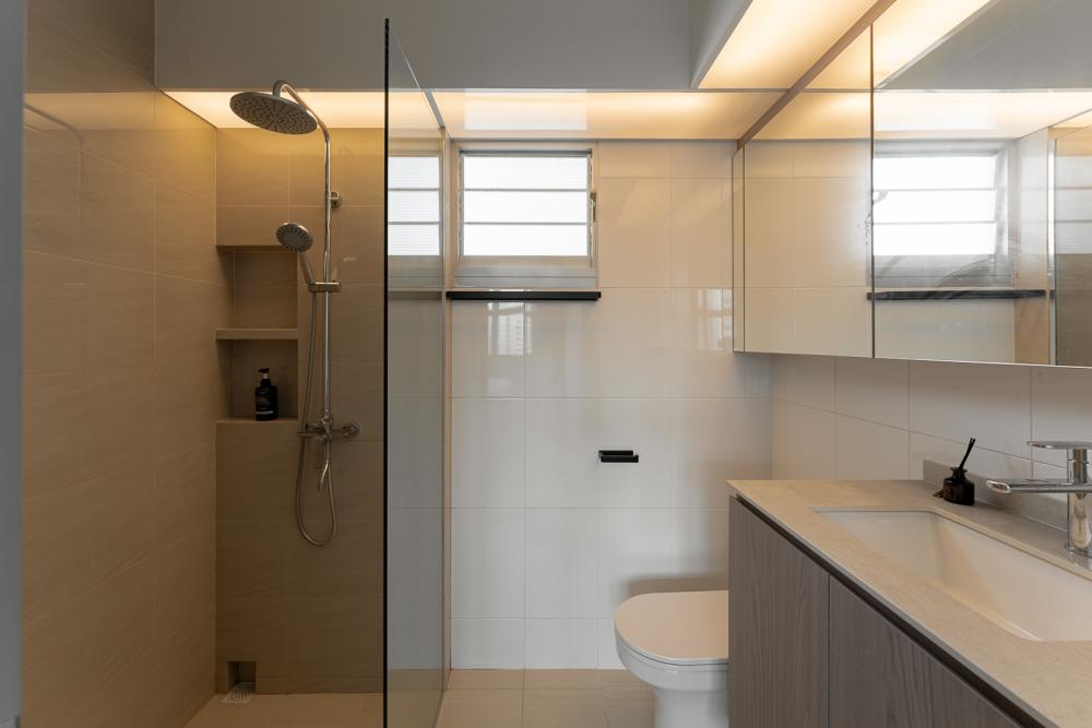 Scandinavian Bathroom with Countertop and Homogeneous Tiles