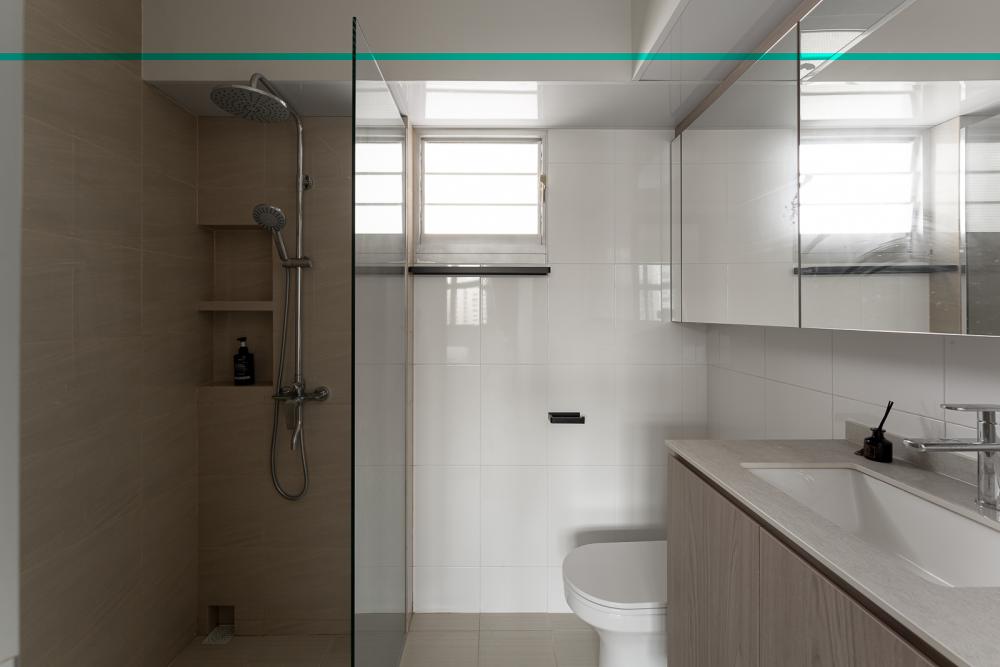 Scandinavian Bathroom with Countertop and Homogeneous Tiles