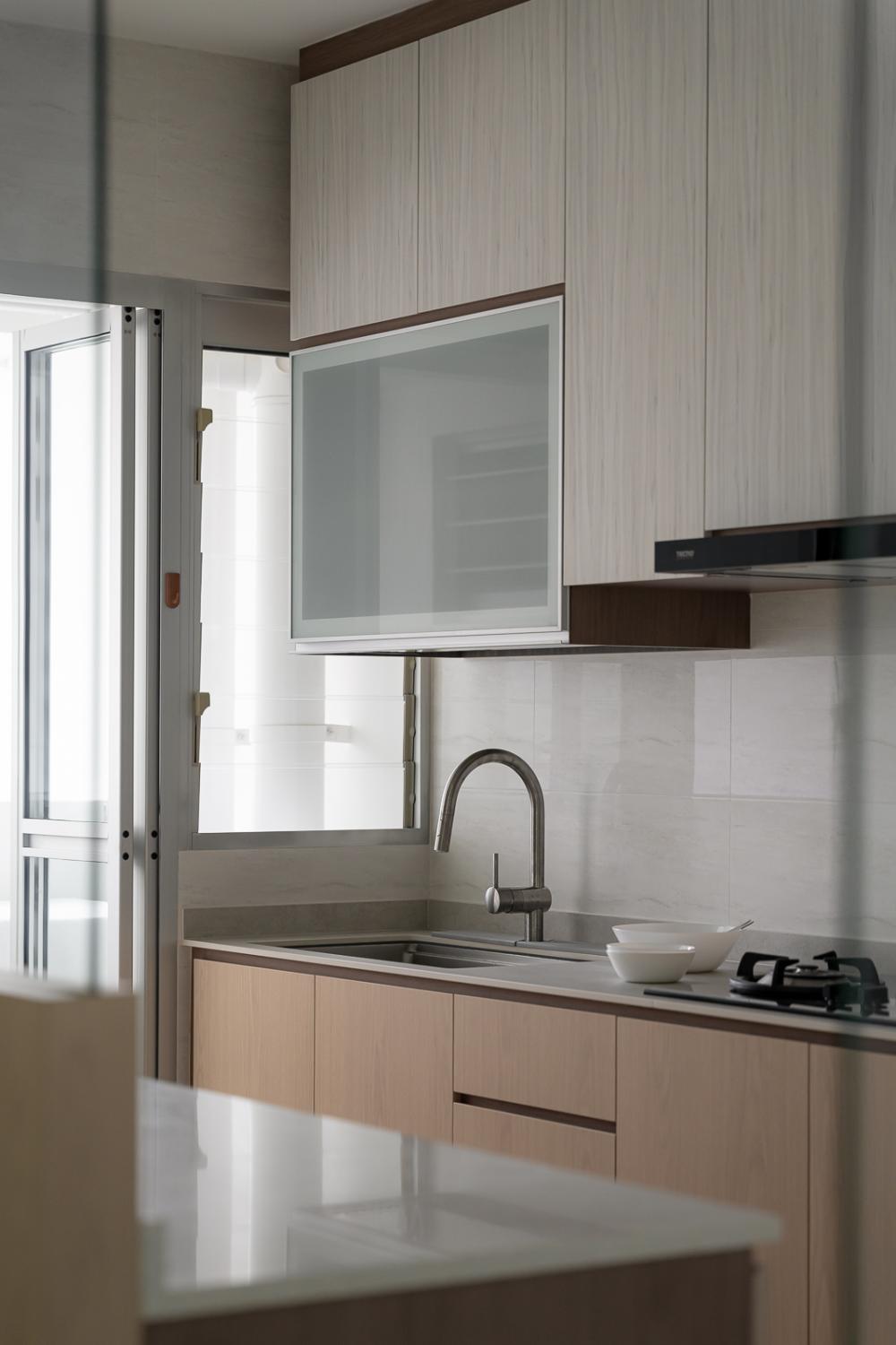 Scandinavian Kitchen with Countertop and Homogeneous Tiles