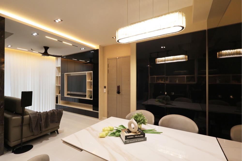 Contemporary Living Room with Homogeneous Tiles and TV Console