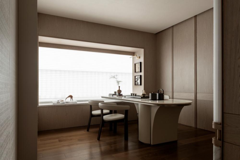 Contemporary Study with Wood Flooring and Bay Window