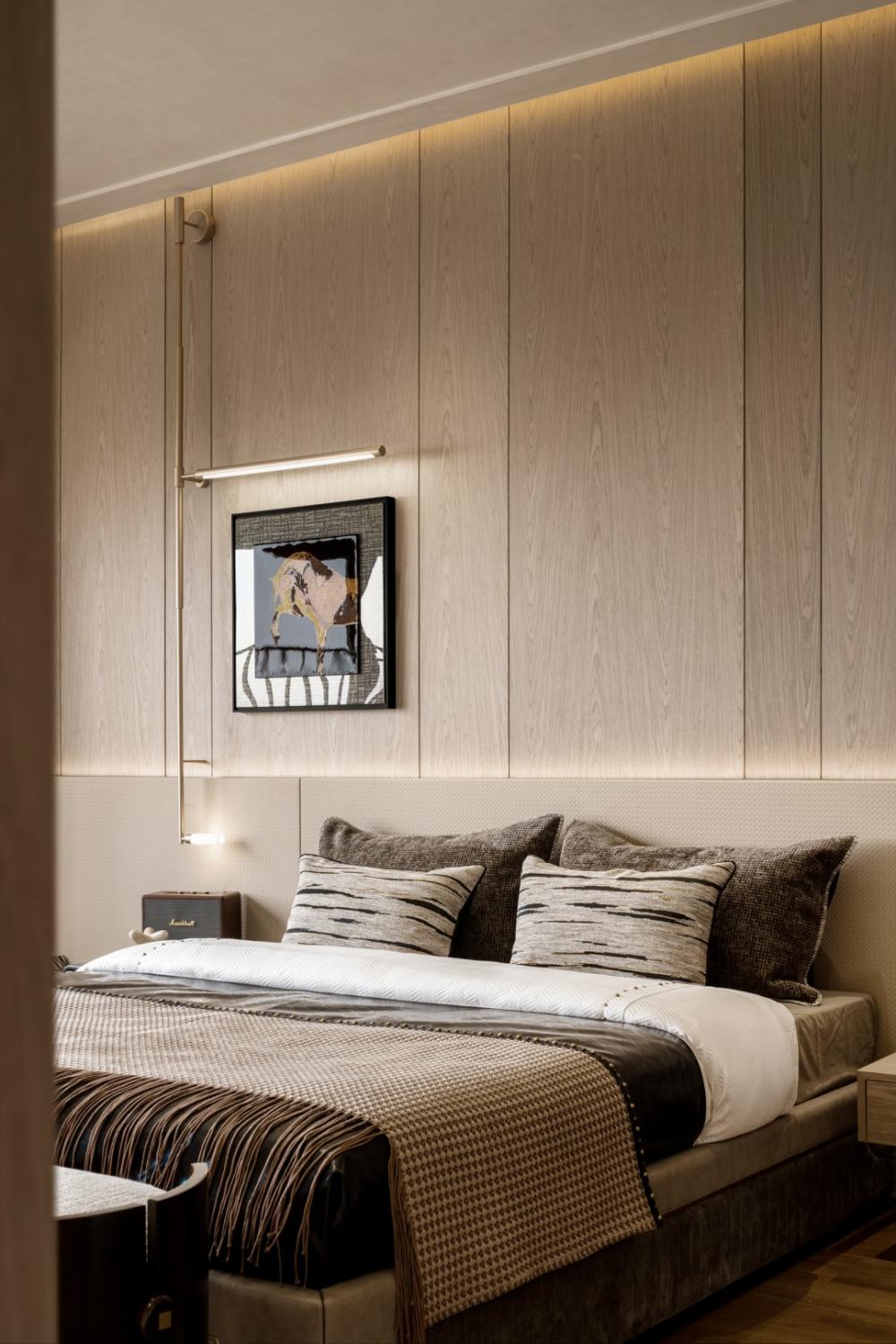 Contemporary Bedroom with Feature Wall and Cove Lighting