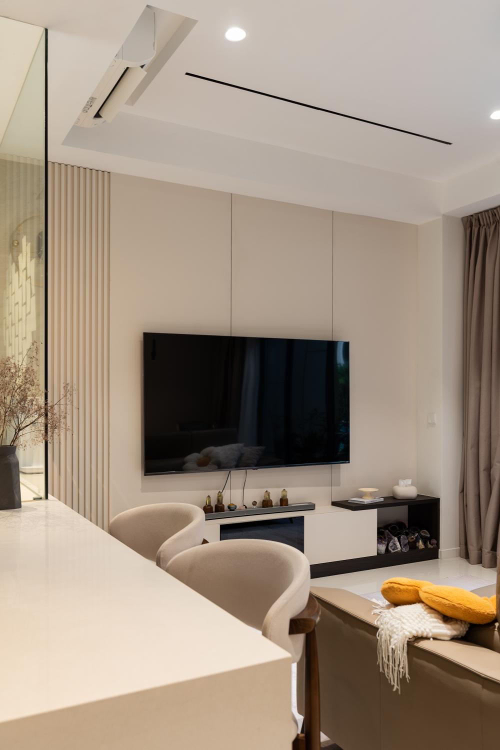 Contemporary Living Room with Countertop and Ceiling Light
