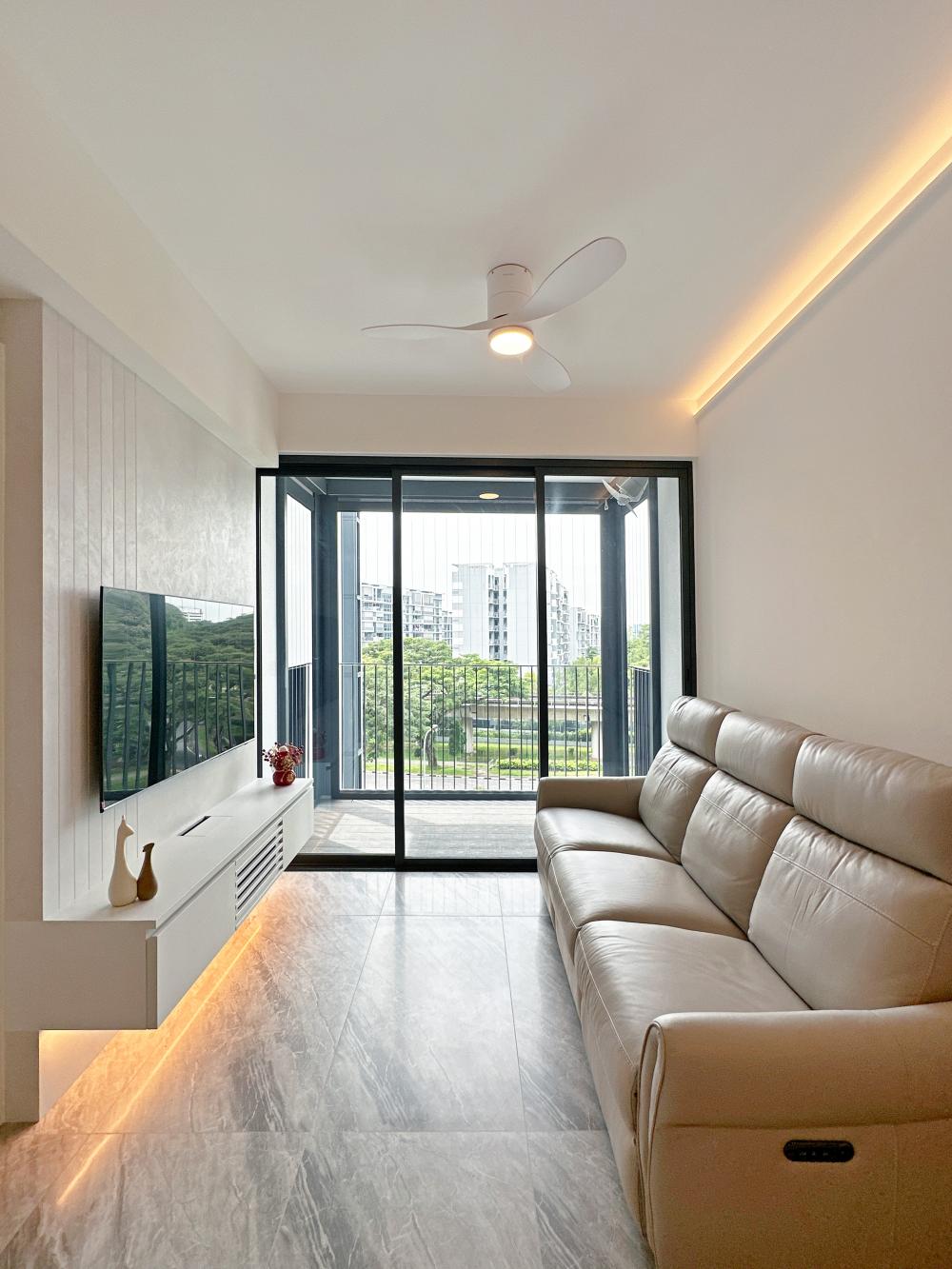 Modern Living Room with TV Console and Cove Lighting