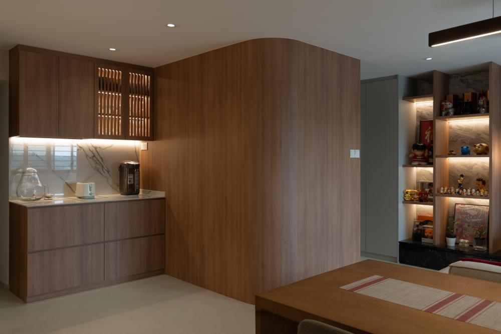 Contemporary Living Room with Countertop and Feature Wall