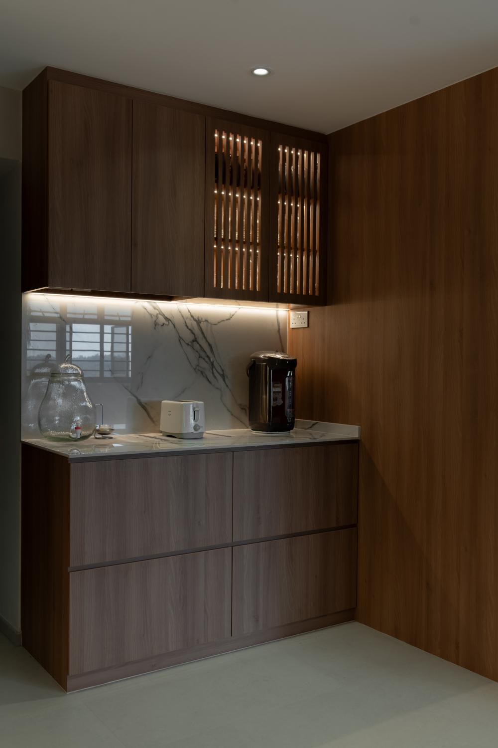Contemporary Pantry with Kitchen Island and Console Table