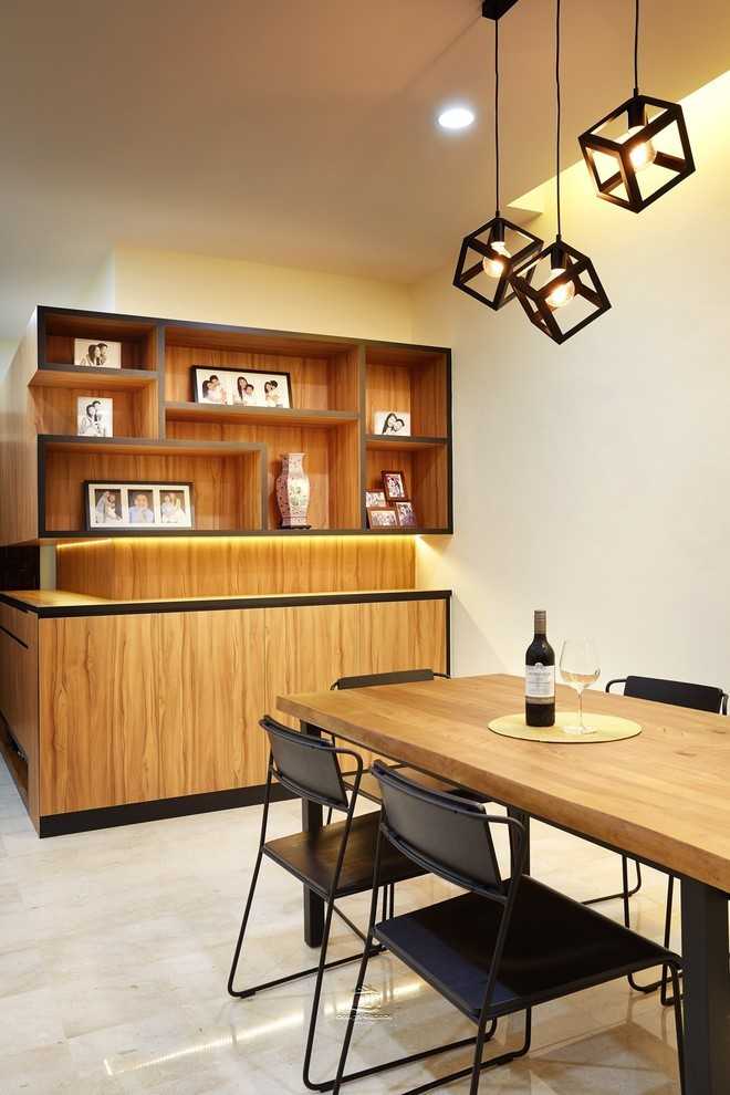 Asian Dining Room with Ceiling Light and Dining Table