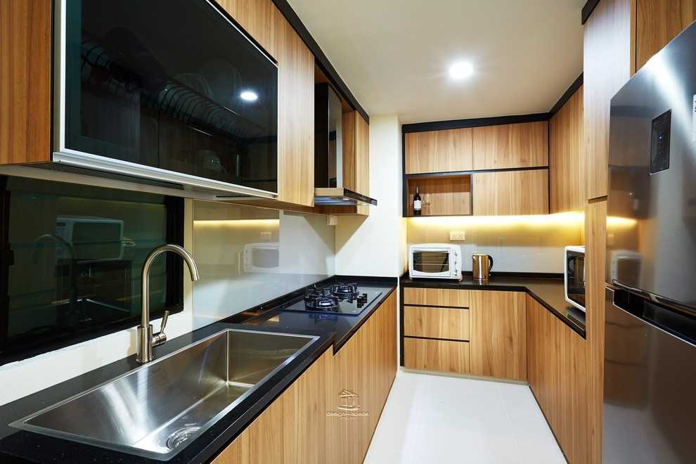 Asian Kitchen with Wood Flooring and Kitchen Window