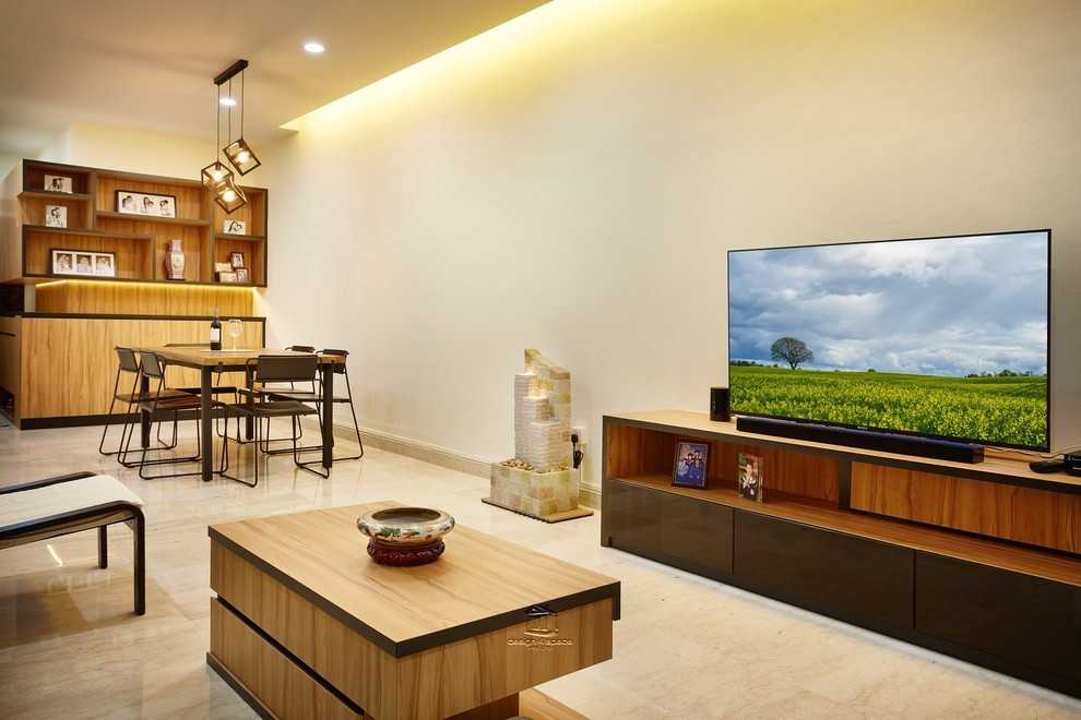 Asian Living Room with Wood Flooring and TV Console