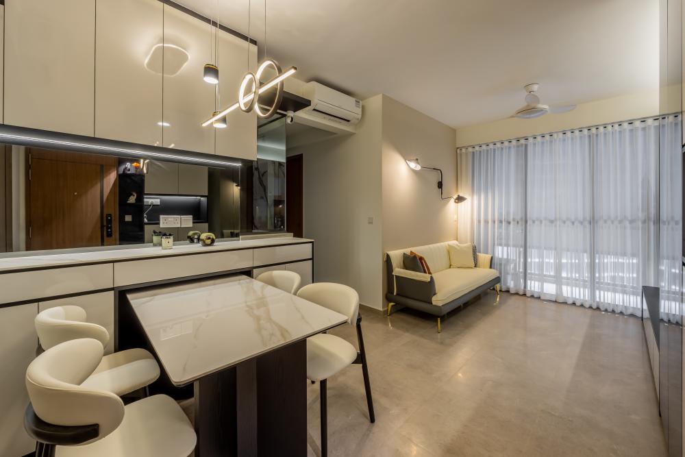 Contemporary Living Room with Chandelier and Downlights