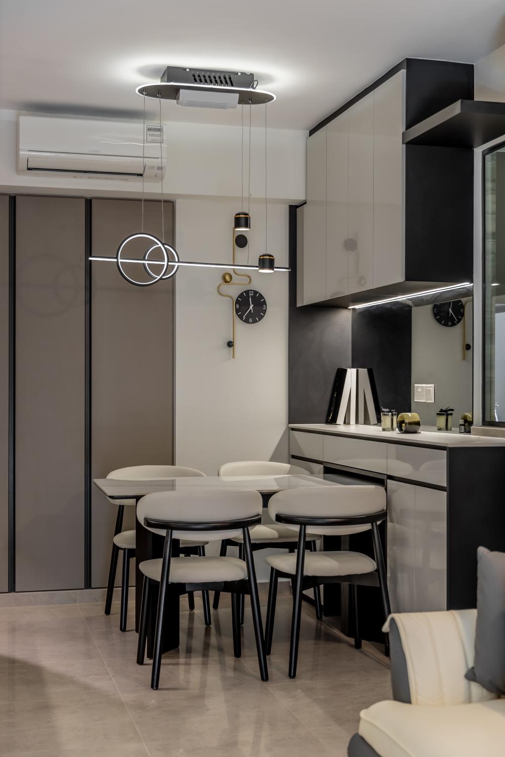 Contemporary Dining Room with Drop Light and Cove Lighting
