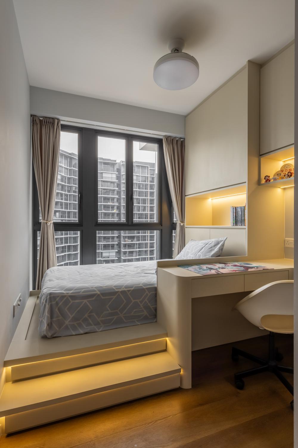 Contemporary Bedroom with Bookshelf and Herringbone Tiling