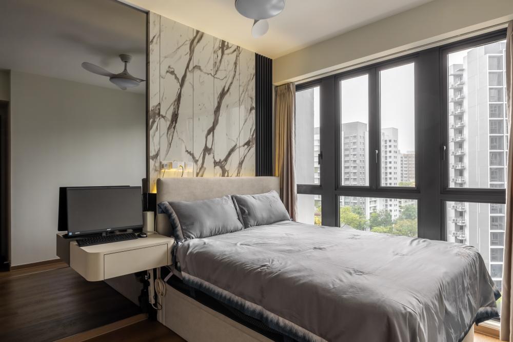 Contemporary Bedroom with Herringbone Tiling and Marble Floor