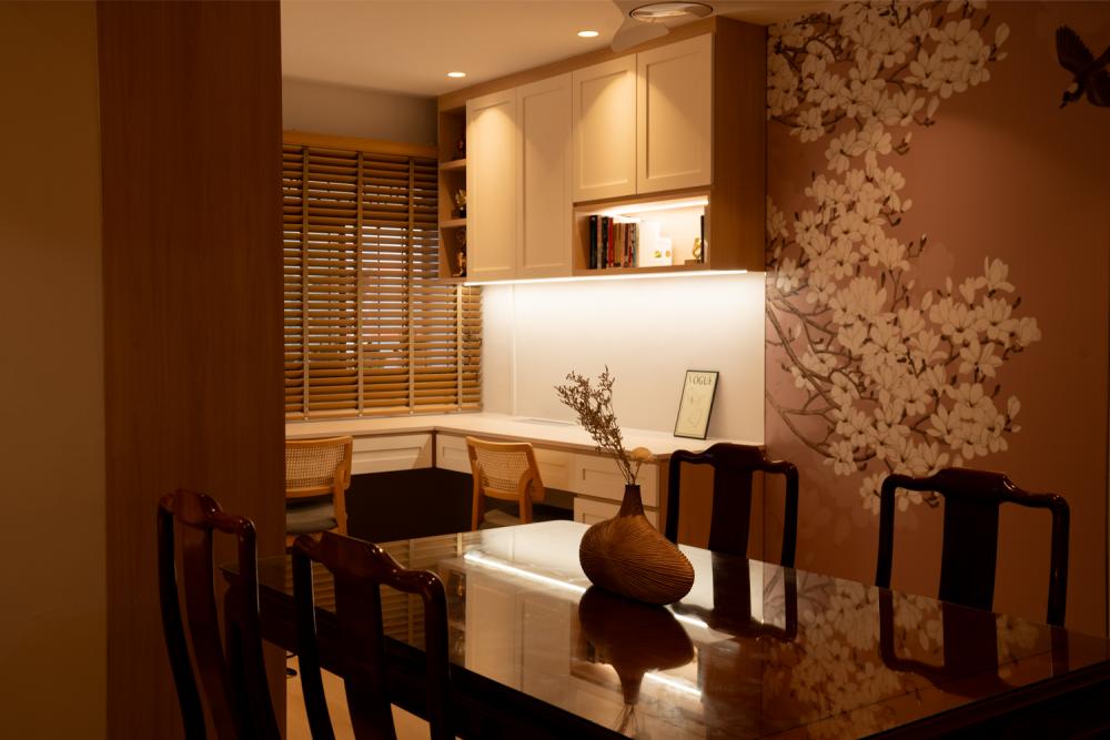 Asian Home Office with Wallpaper and Desk