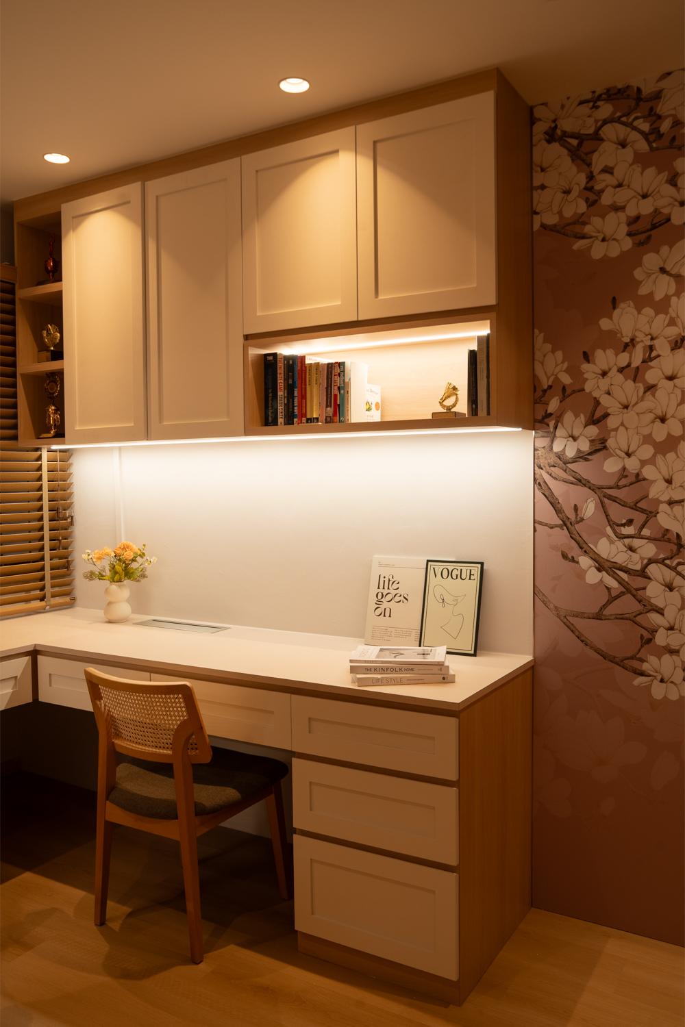 Asian Home Office with Wallpaper and Desk Chairs