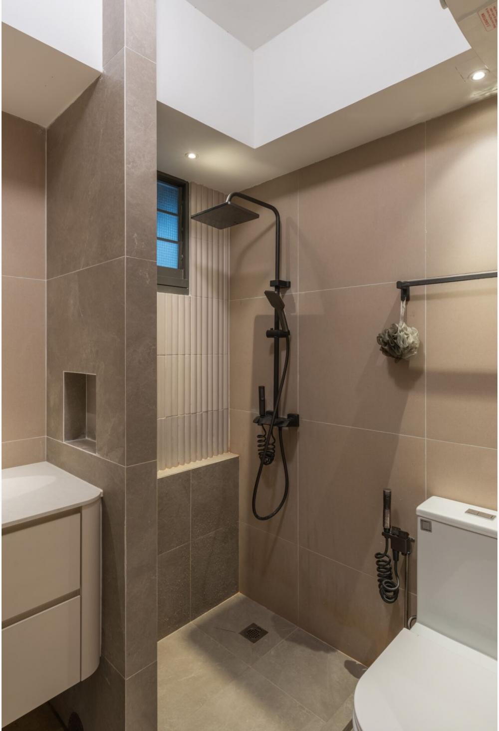 Minimalist Bathroom with Homogeneous Tiles and Bathroom Accessories