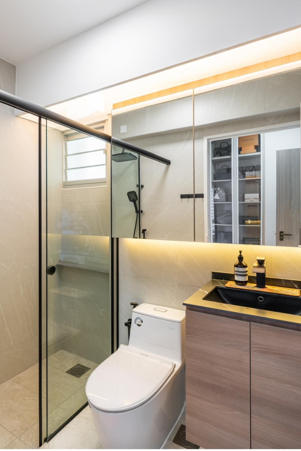 Minimalist Bathroom with Countertop and Homogeneous Tiles