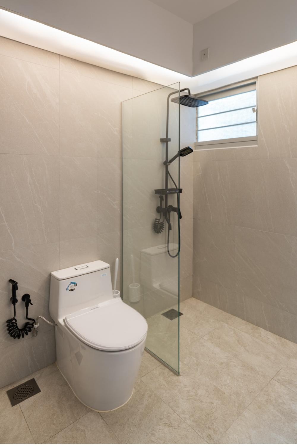 Minimalist Bathroom with Homogeneous Tiles and Shower Screen