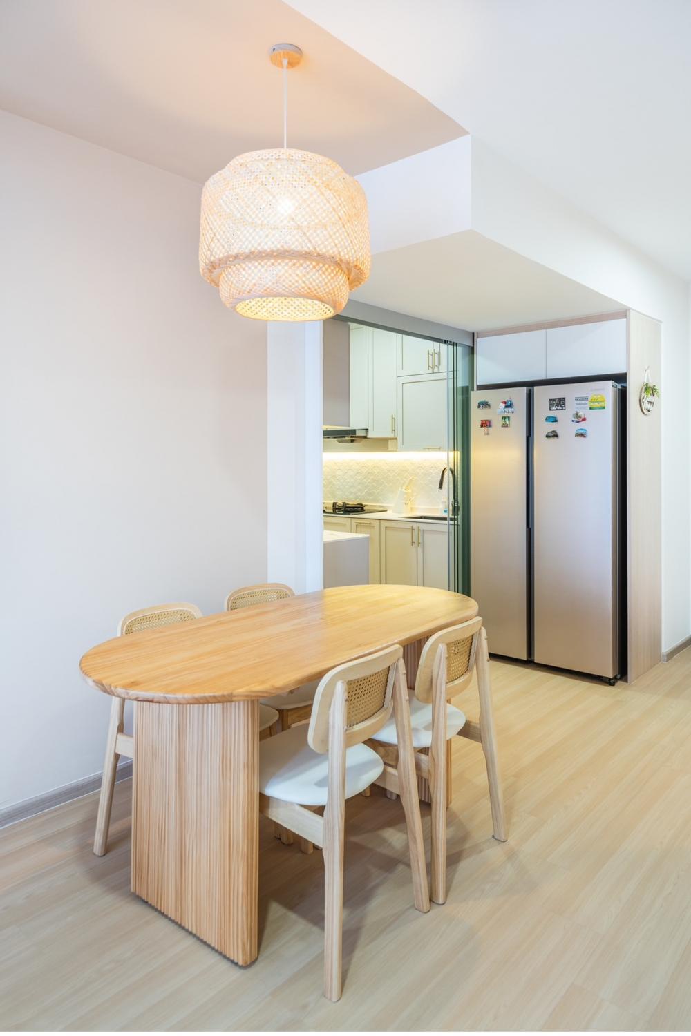 Minimalist Dining Room with Drop Light and Dining Table