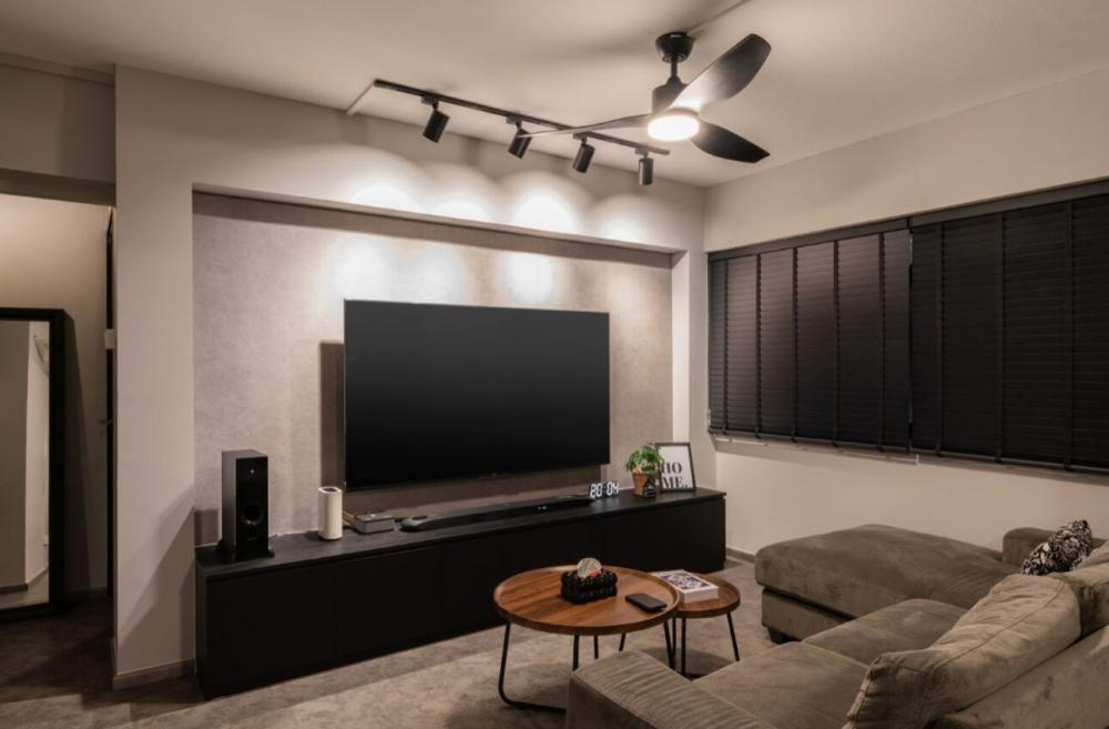 Industrial Living Room with Vinyl Flooring and TV Console