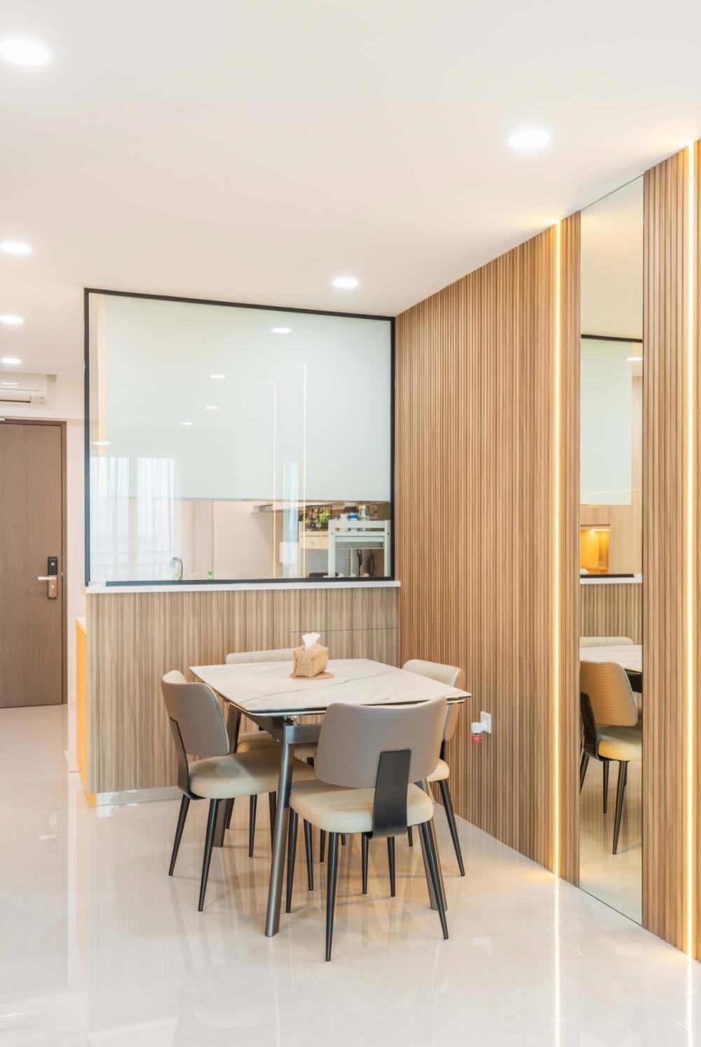 Contemporary Dining Room with Drop Ceiling and Ceiling Light