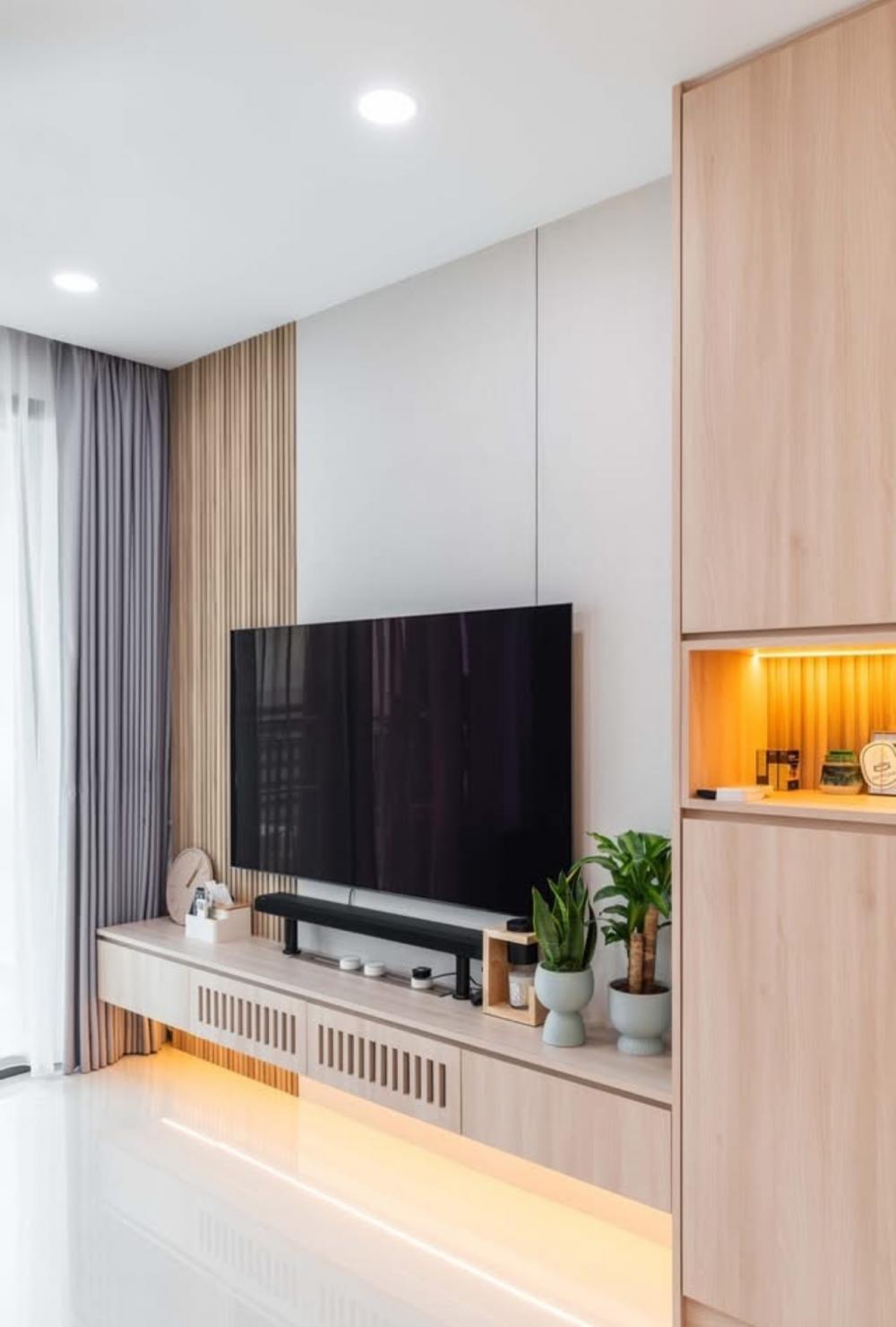 Contemporary Living Room with Homogeneous Tiles and TV Console