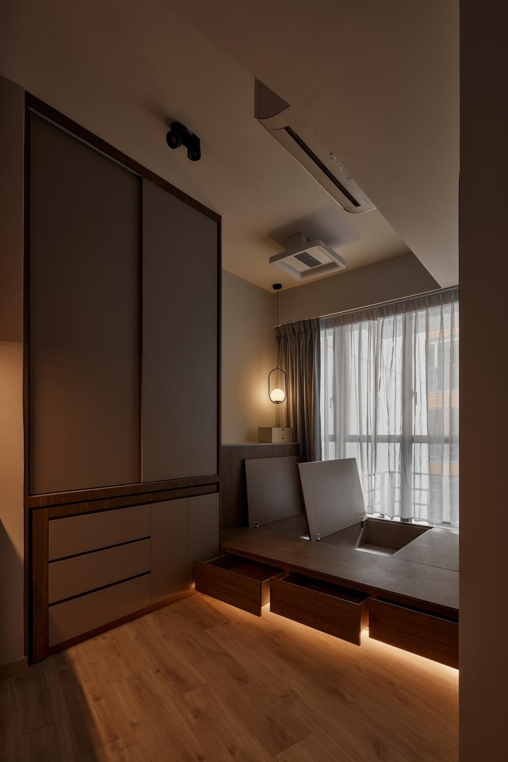 Contemporary Bedroom with Platform Bed and Wood Flooring