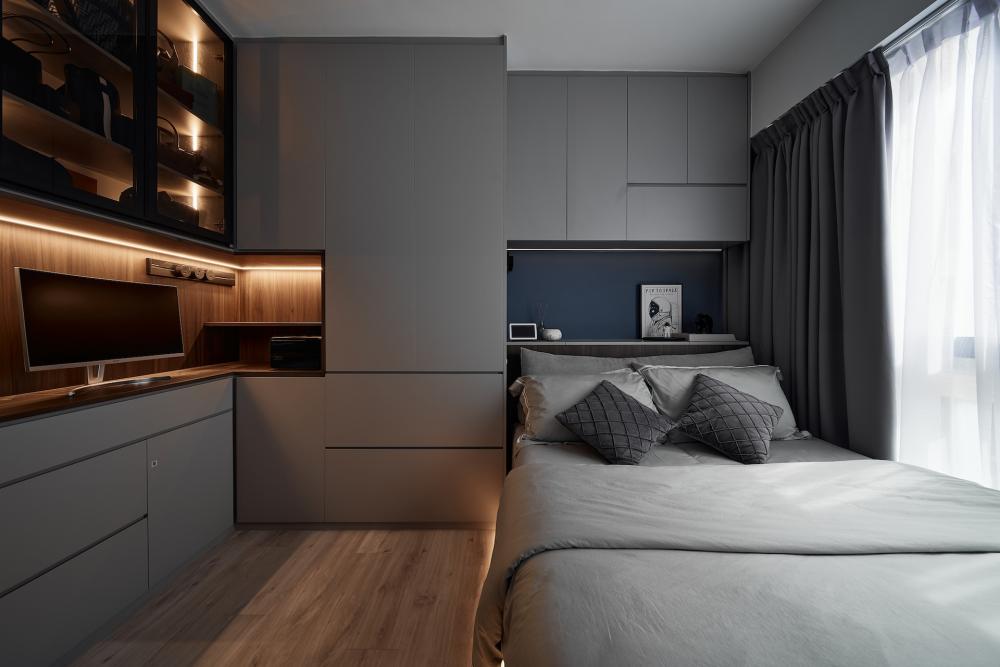 Contemporary Bedroom with Bookshelf and Platform Bed