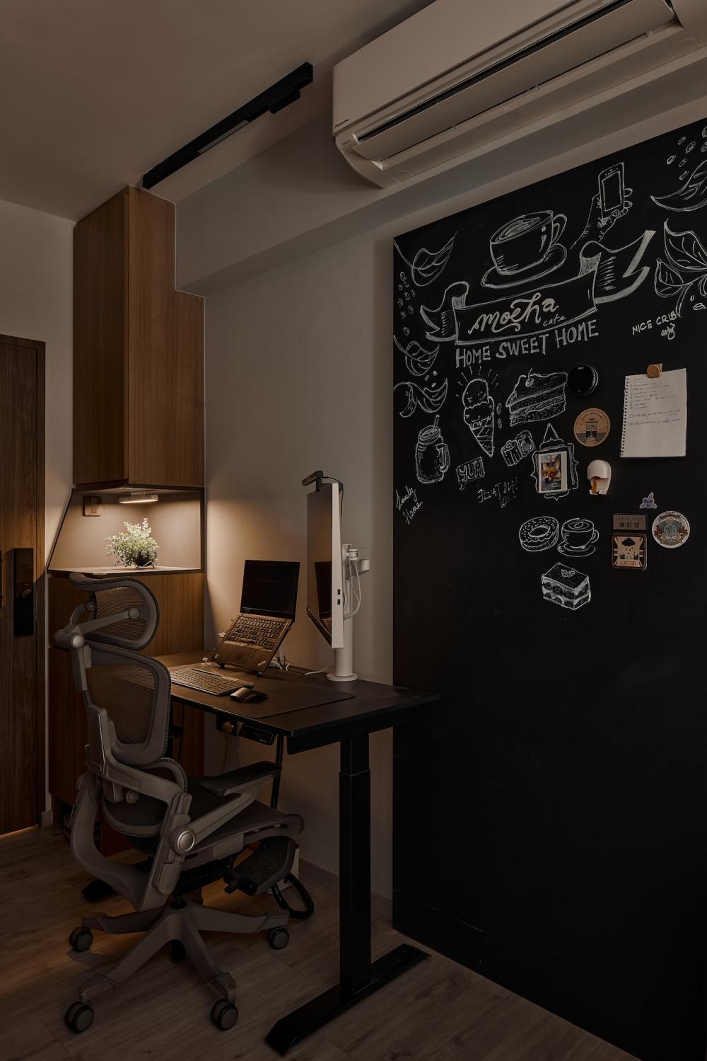 Contemporary Home Office with Wallpaper and Drawer Units