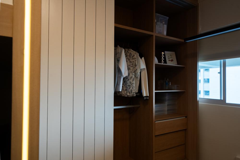 Scandinavian Bedroom with Herringbone Tiling and Wardrobe
