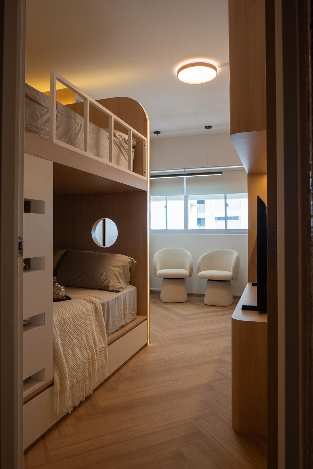 Scandinavian Bedroom with Herringbone Tiling and Wardrobe