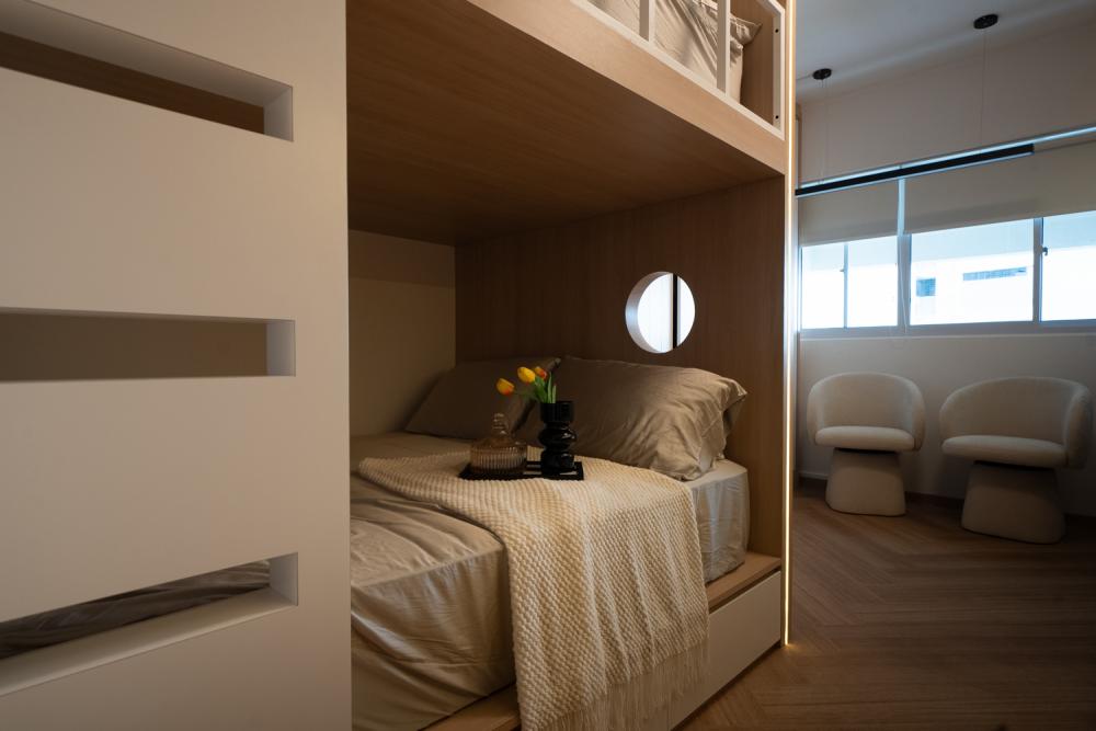 Scandinavian Bedroom with Vinyl Flooring and Herringbone Tiling