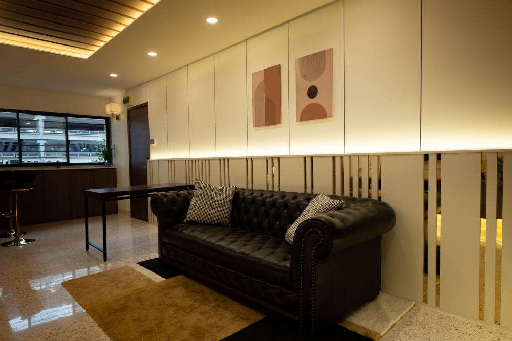 Country Living Room with Wood Flooring and TV Console