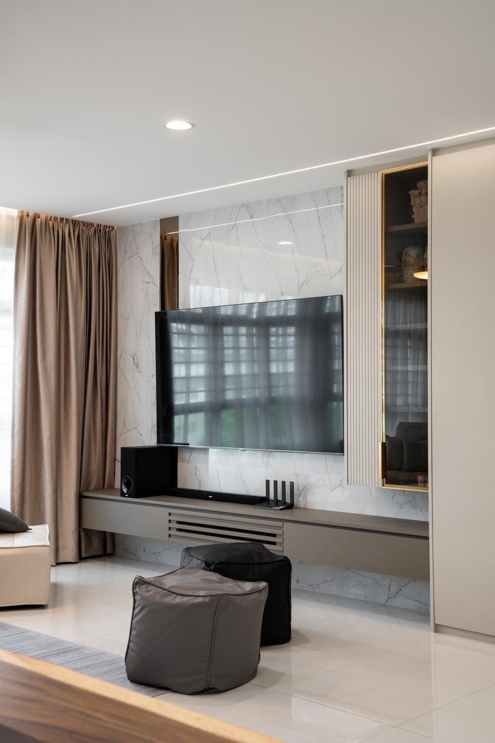 Contemporary Living Room with TV Console and Drop Light