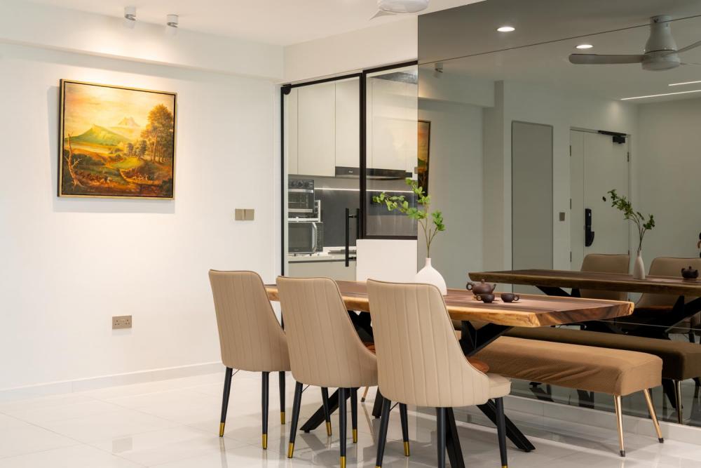 Contemporary Dining Room with Cove Lighting and Ceiling Light